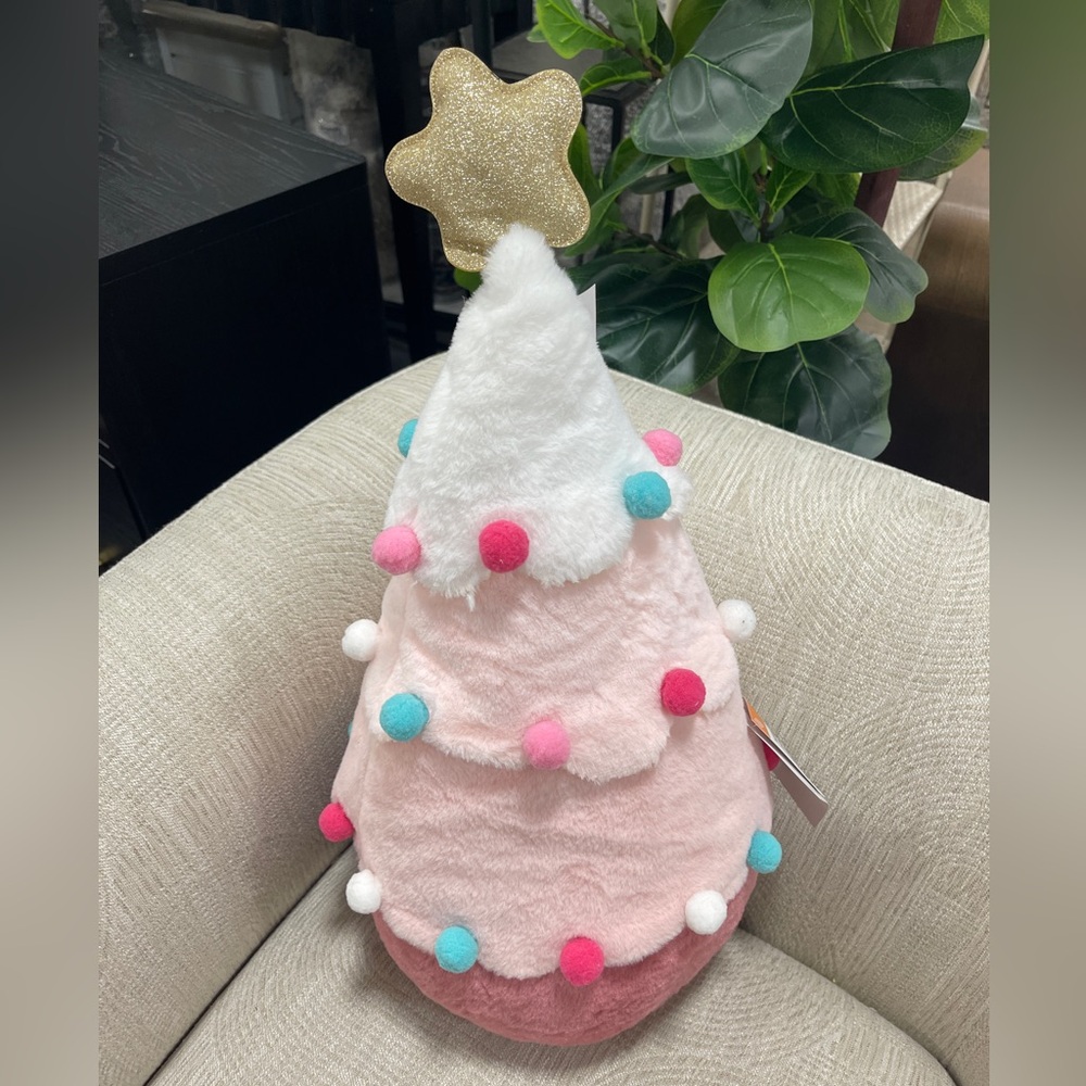 Pink Christmas Tree Peppermint square light up plush/pillow w/ pompons  NWT